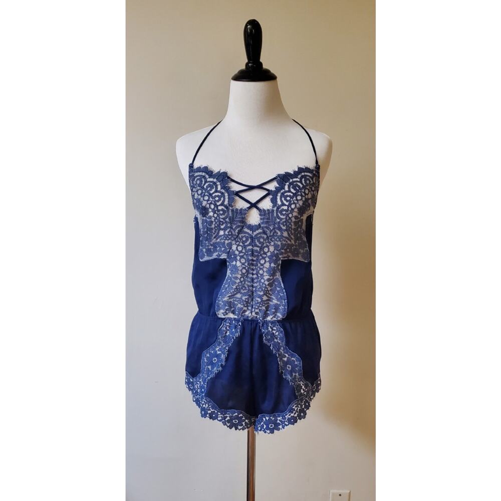 Victoria Secret Blue Satin And Lace Romper Size S